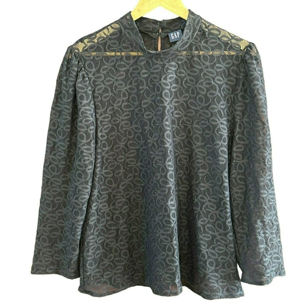 Gap Women's Black Mock Neck Long Sleeve Sheer Lace Blouse Size XL Whimsigoth